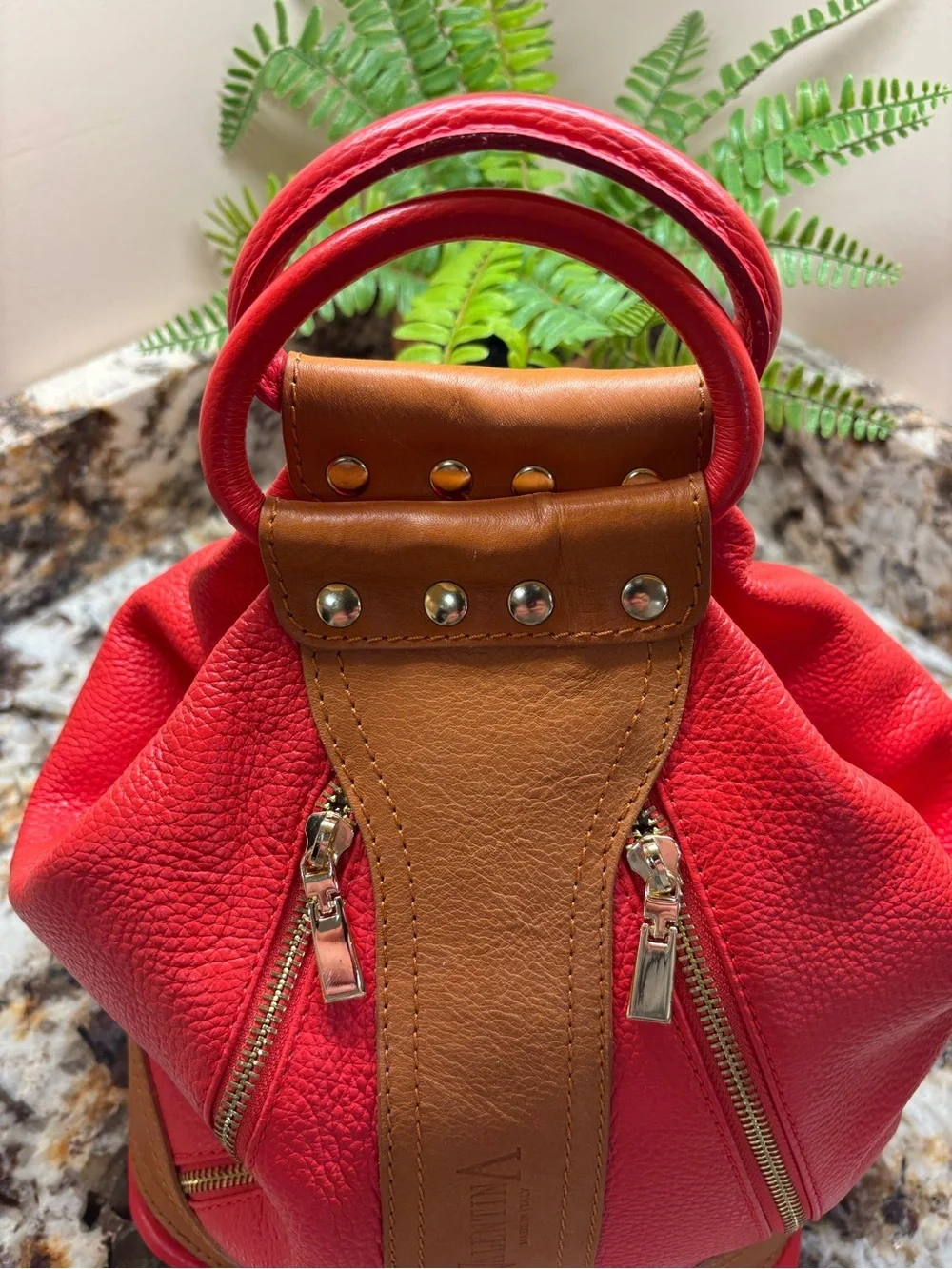 Valentina Coral Orange  and Tan Leather Tote with Gold Hardware